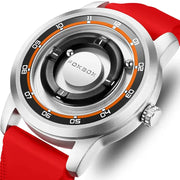 FOXBOX watch with red silicone strap, silver case, and orange-black bezel