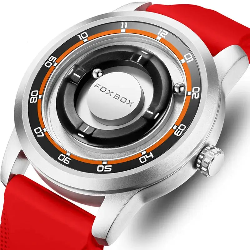 FOXBOX watch with red silicone strap, silver case, and orange-black bezel
