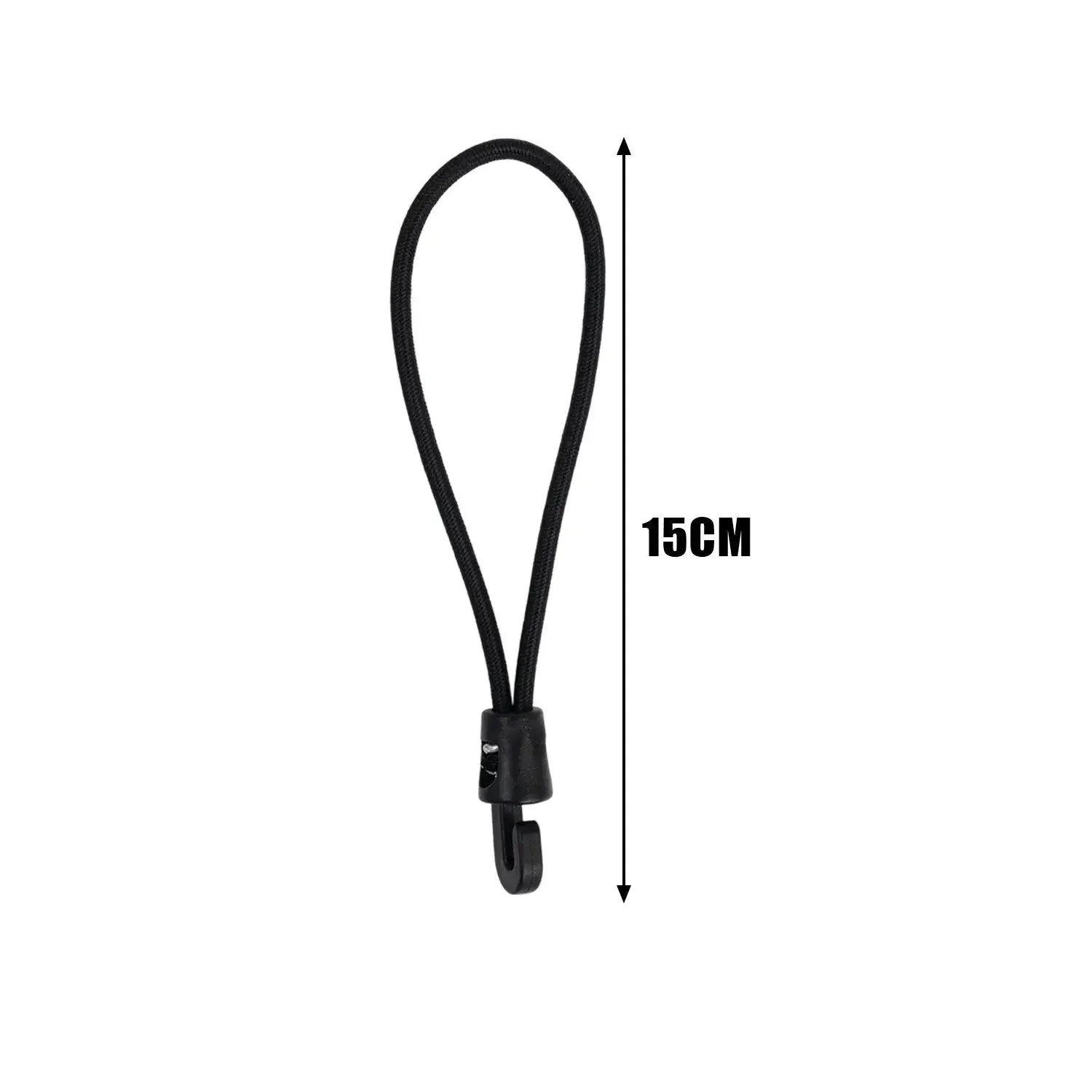 Bungee cord with hooks, black, 15 cm length, high-elasticity for camping tarpaulins.