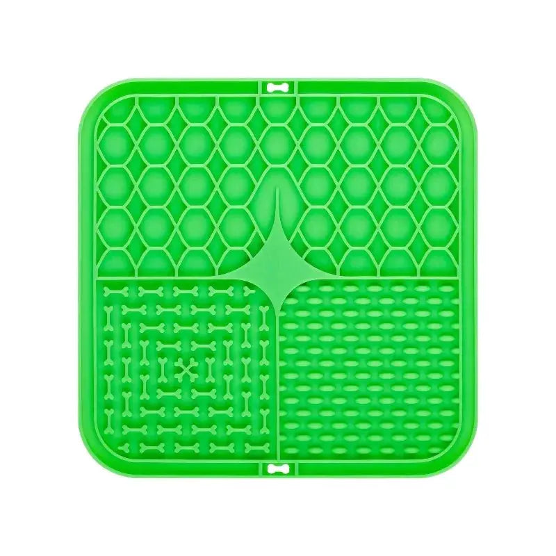 Pet lick silicone mat for dogs in bright green with four textured zones for slow feeding