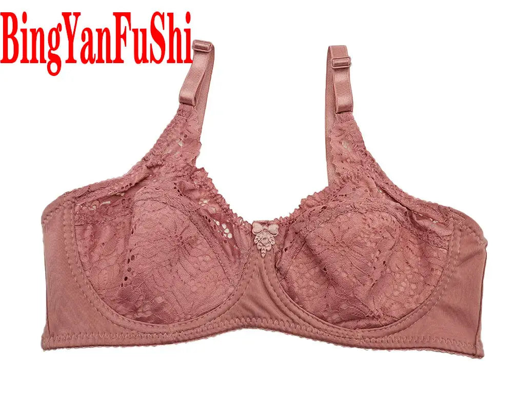 Pink lace full-cup underwire bra with floral pattern and light padding