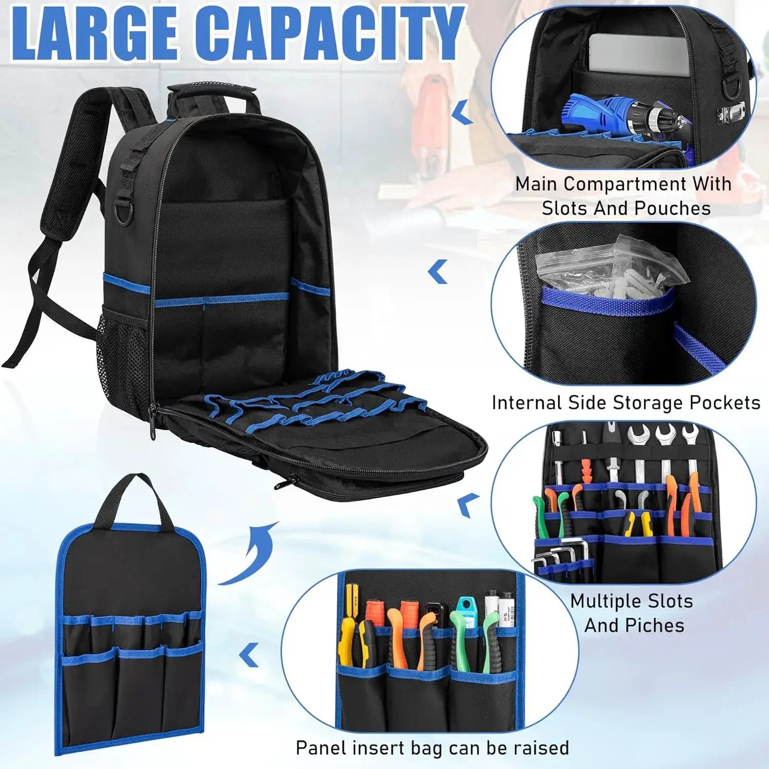 Tool Backpack by Simples Market, heavy-duty, water-resistant with padded strap and removable organizer.