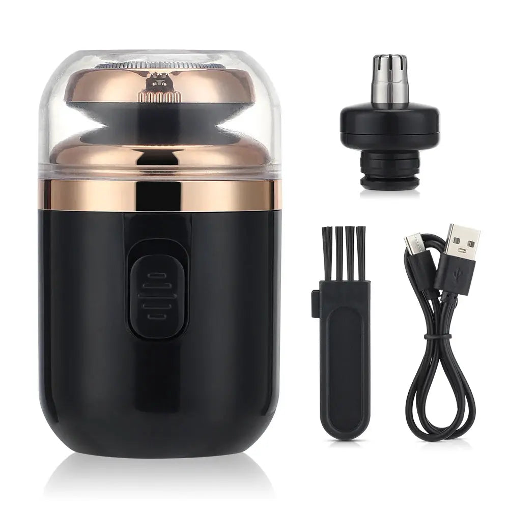 Mini portable electric razor with black body and rose-gold lid; includes USB-C charging cable and trimming attachments