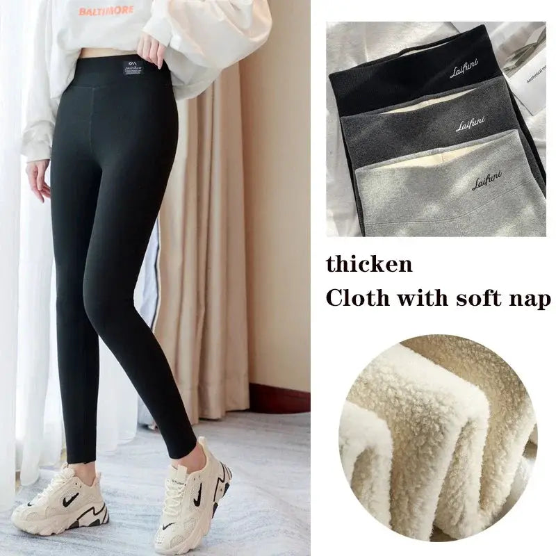 Winter warm high-waisted black leggings with fleece lining; thick, soft fabric and three color options shown