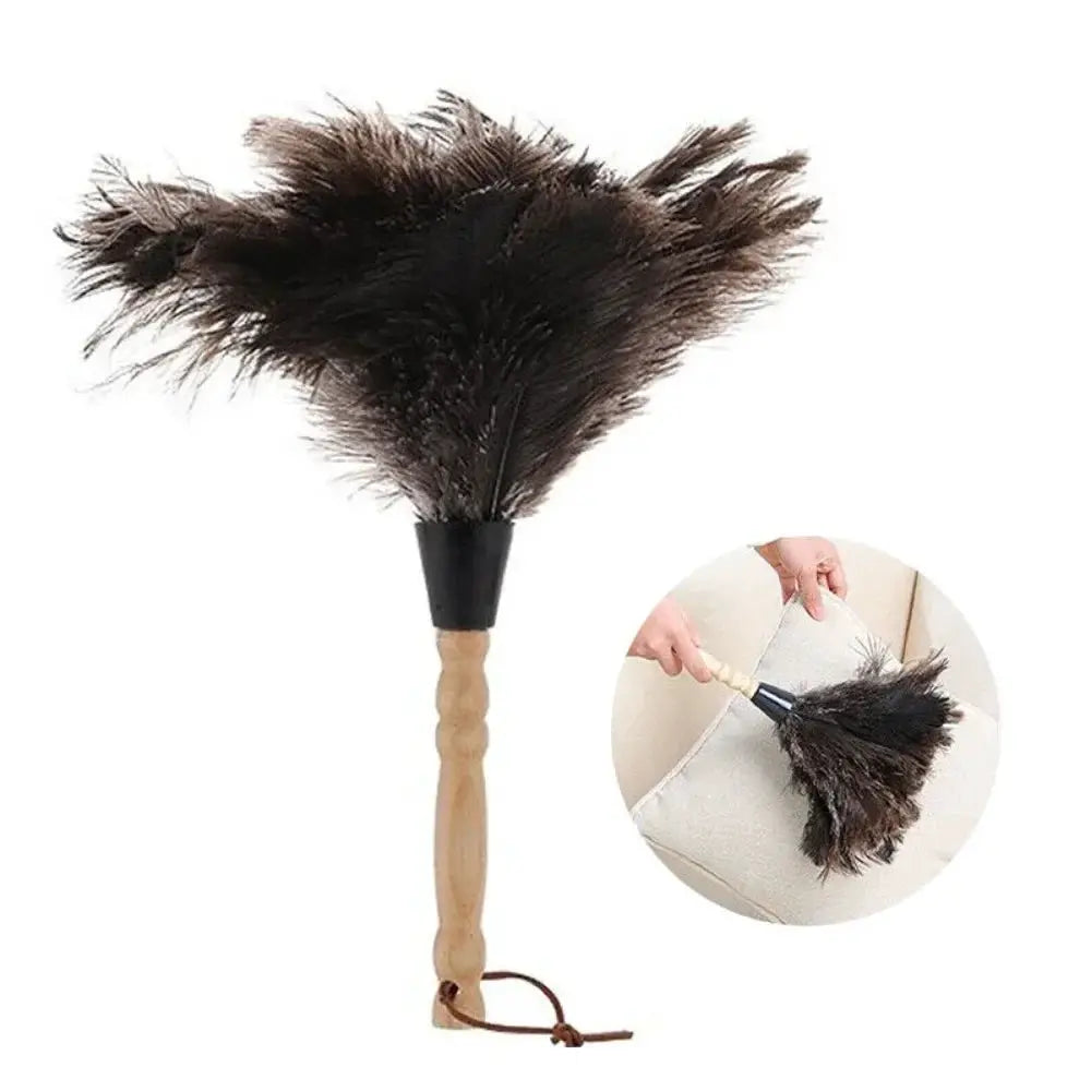 Simples Market ostrich feather duster with wooden handle, black feathers, anti-static dusting tool for home cleaning