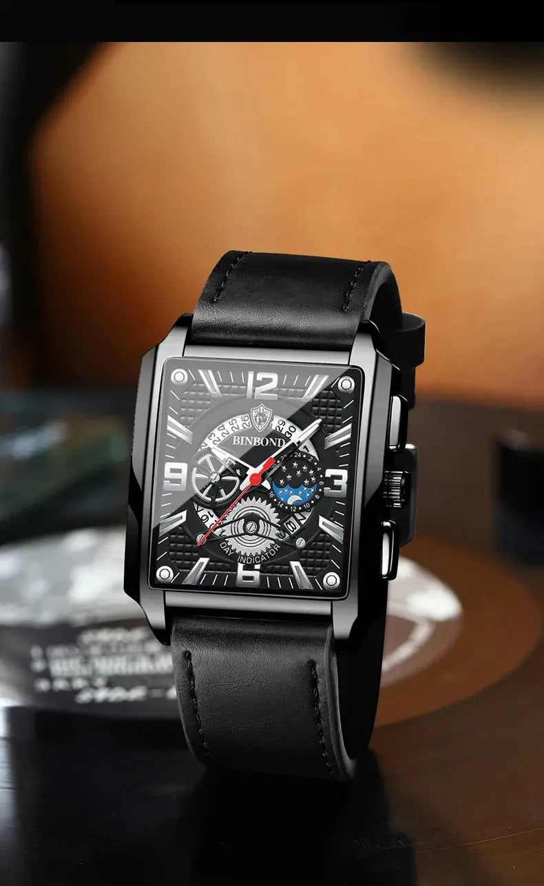 BINBOND Auto Date men's watch with black square dial and leather strap