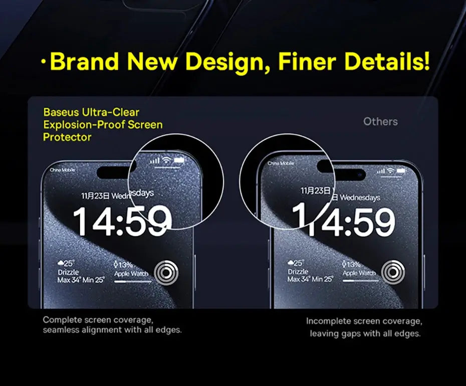 Baseus tempered glass screen protector for iPhone Pro Max, clear edge protection; two iPhones show edge coverage.