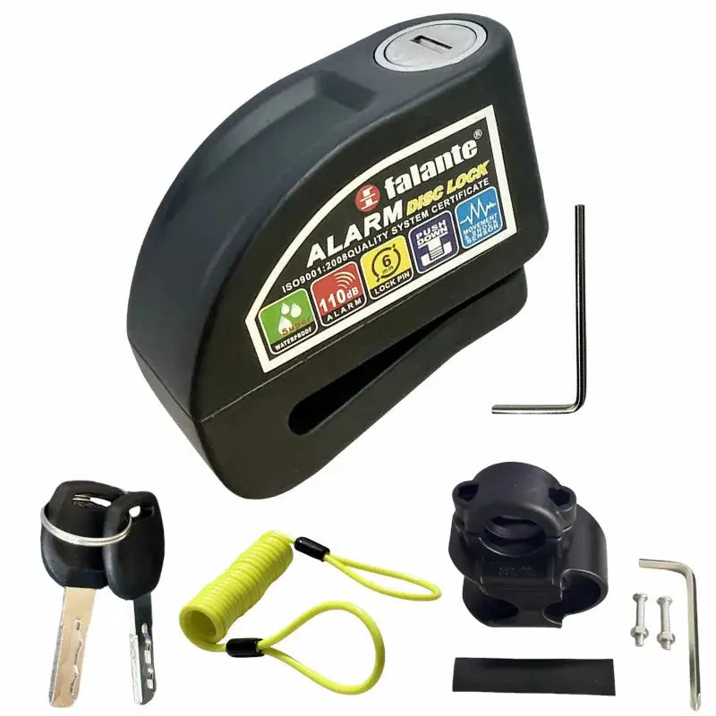 Falante motorcycle alarm disc lock with aluminum alloy body, keys, reminder rope, bracket and mounting hardware