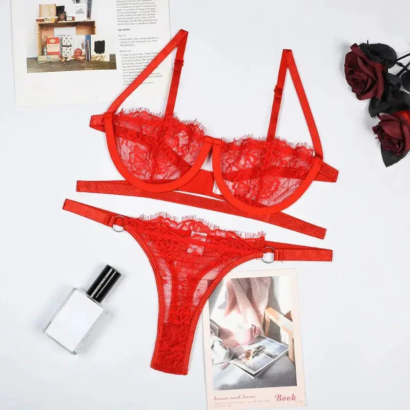 LaceLuxe Embroidered Sheer Lingerie Set With Push Up Bra And Brief For Seductive Curves