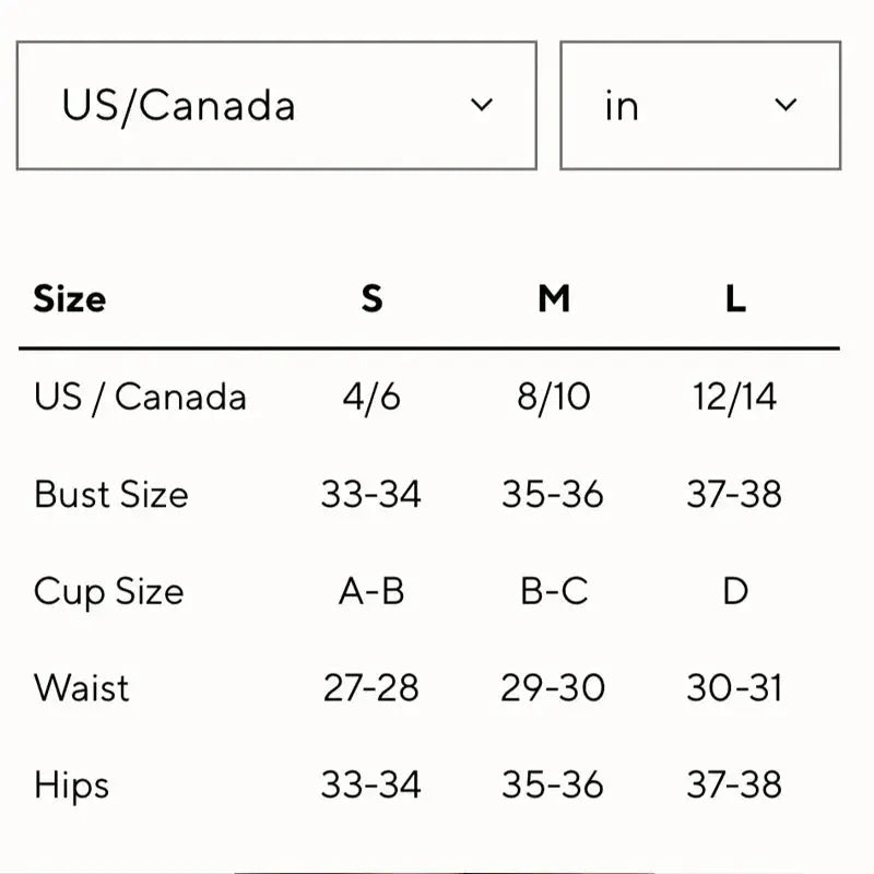 Simples Market 2024 two-piece bikini size chart for US/Canada with sizes S M L and bust waist hips measurements