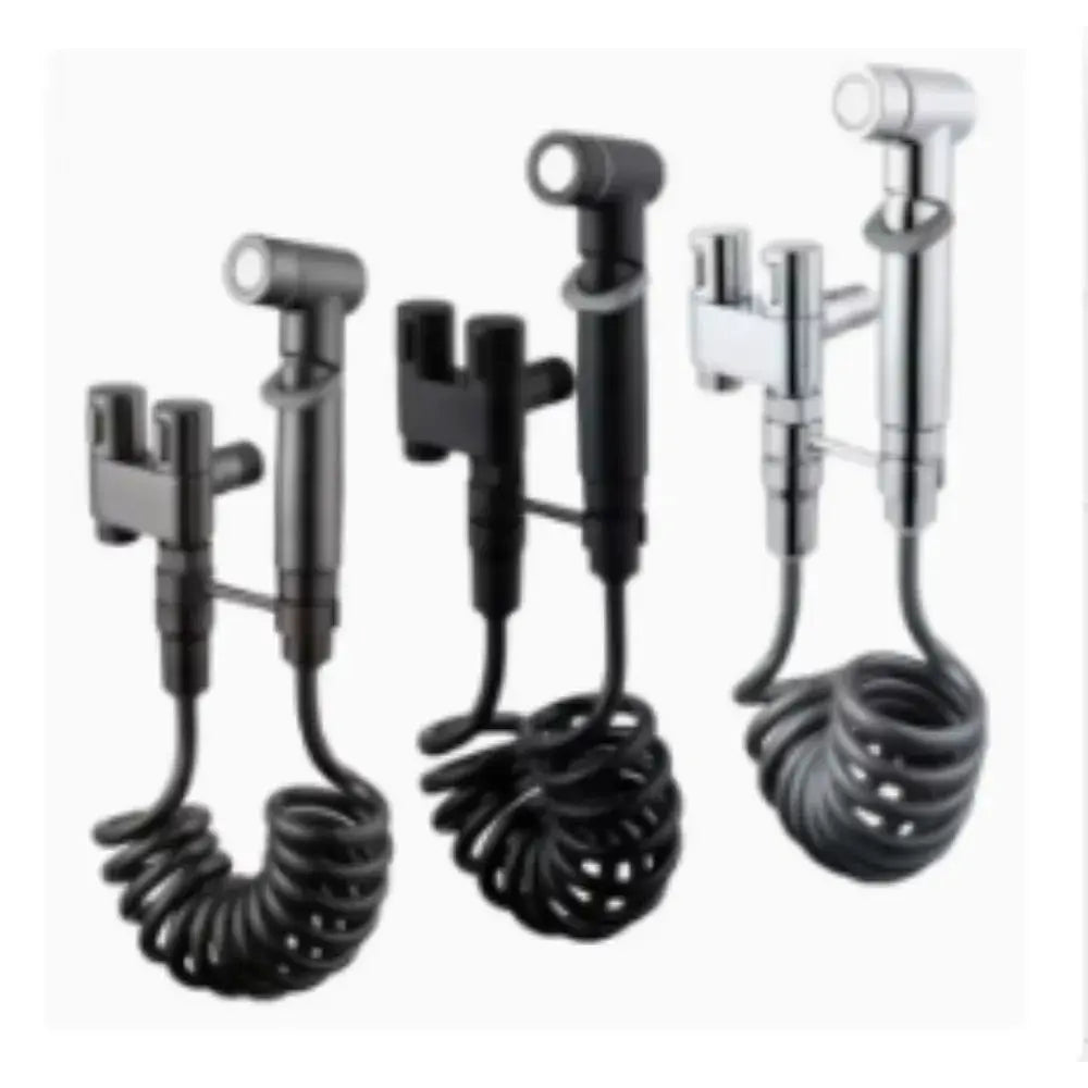 Toilet bidet cleaning set with three handheld sprayers, chrome and black finishes, and coiled hoses.