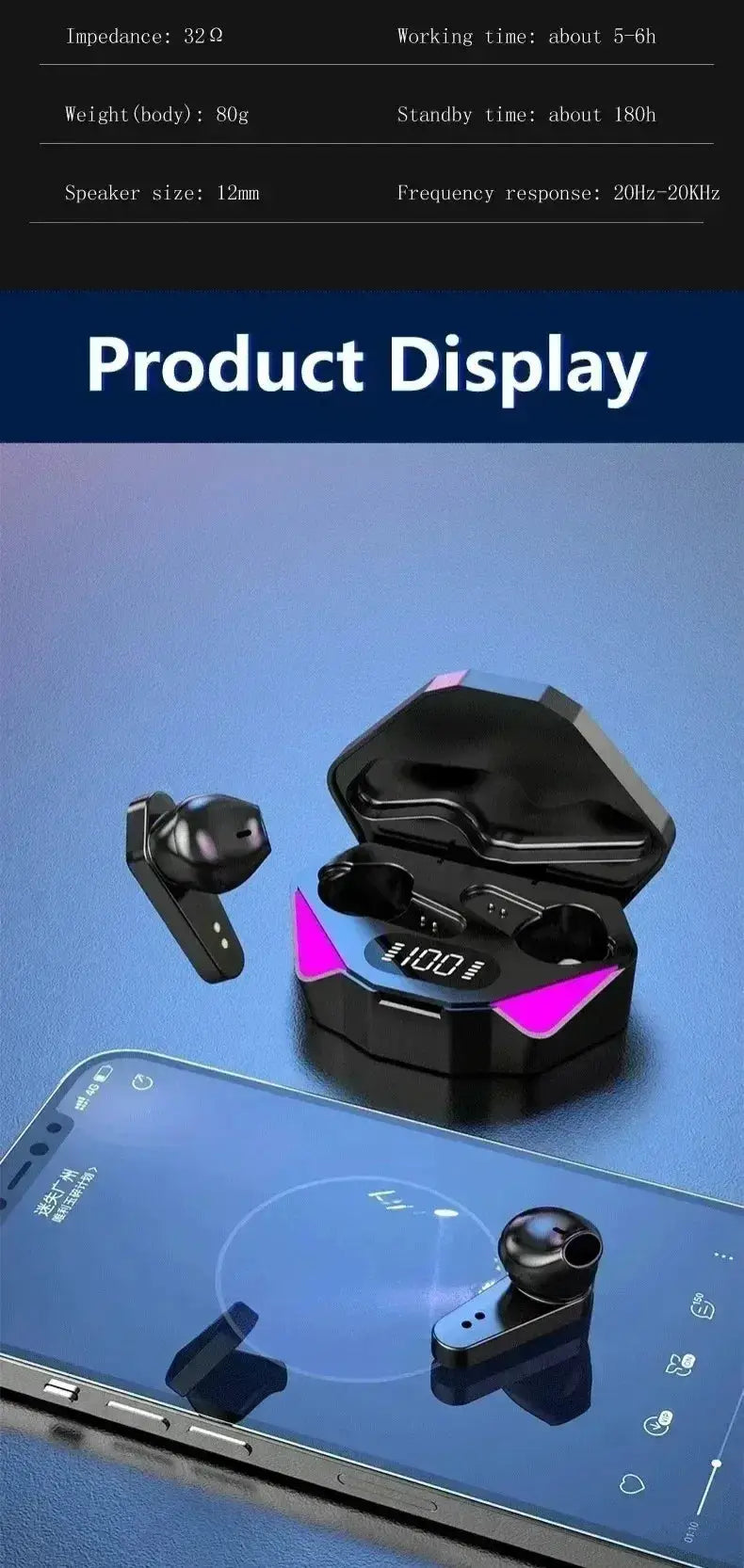 Simples Market Bluetooth TWS gaming earphones with built-in mic, pair of black earbuds with pink accents and charging case.
