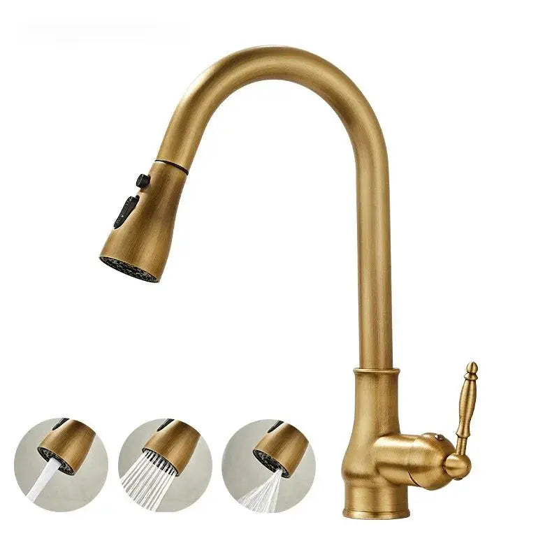 Antique-bronze articulated kitchen faucet with pull-out sprayer, hot/cold 3-in-1 mixer