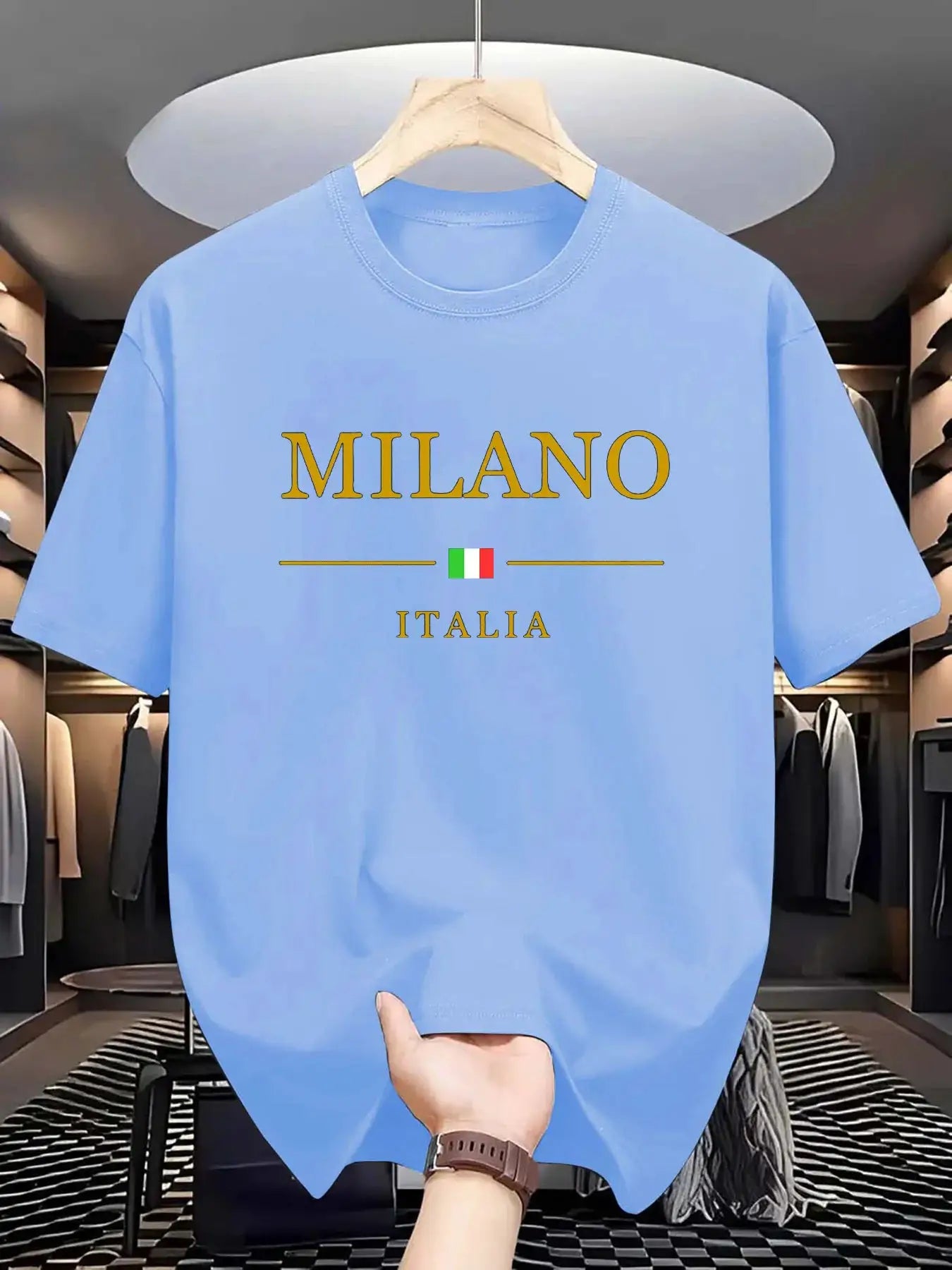 Mens Summer 100 Percent Cotton Casual Loose Fit Plus Size Milano Italia Pattern Printed Round Neck Short Sleeve T Shirt