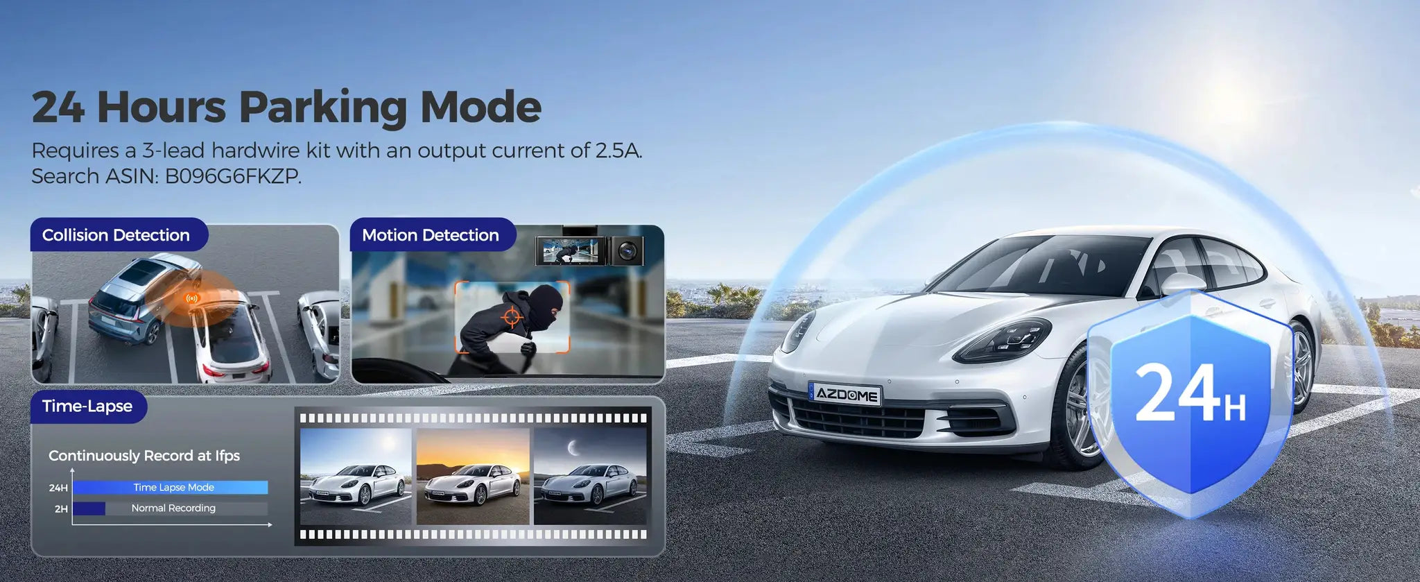 AZDOME M550 Max dash cam by Simples Market; white car with 24H Parking Mode shield and 150FOV