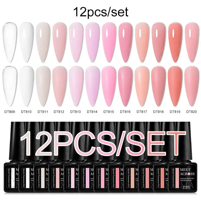 Meet Across 12pcs gel nail polish set in pink glitter shades by Simples Market