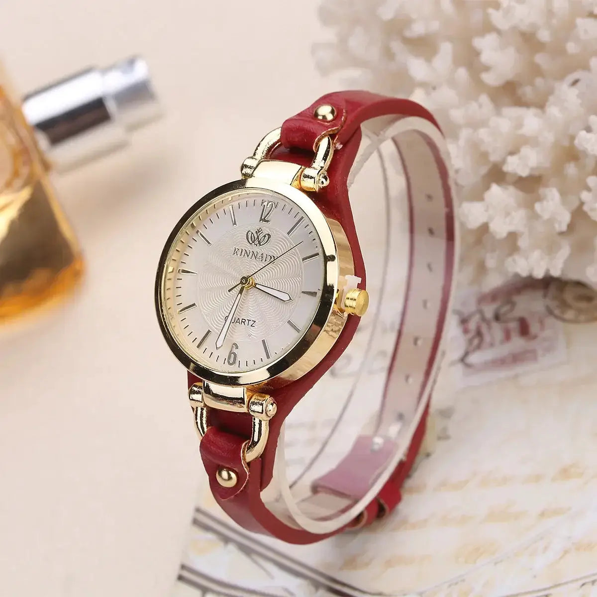 TimelyAura Vintage Ultra Thin Leather Strap Women Quartz Watch Slim Minimalist Wristwatch Gift For Her