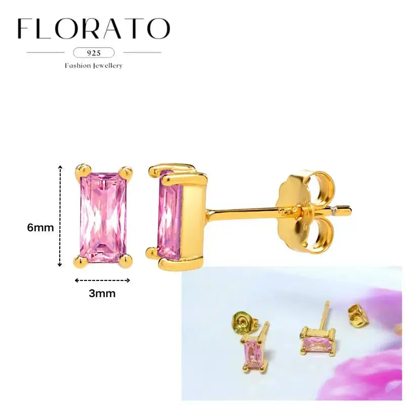 Pink zircon rectangular stud earrings, Florato 925 gold-tone setting, 6x3 mm, fashion wedding jewelry