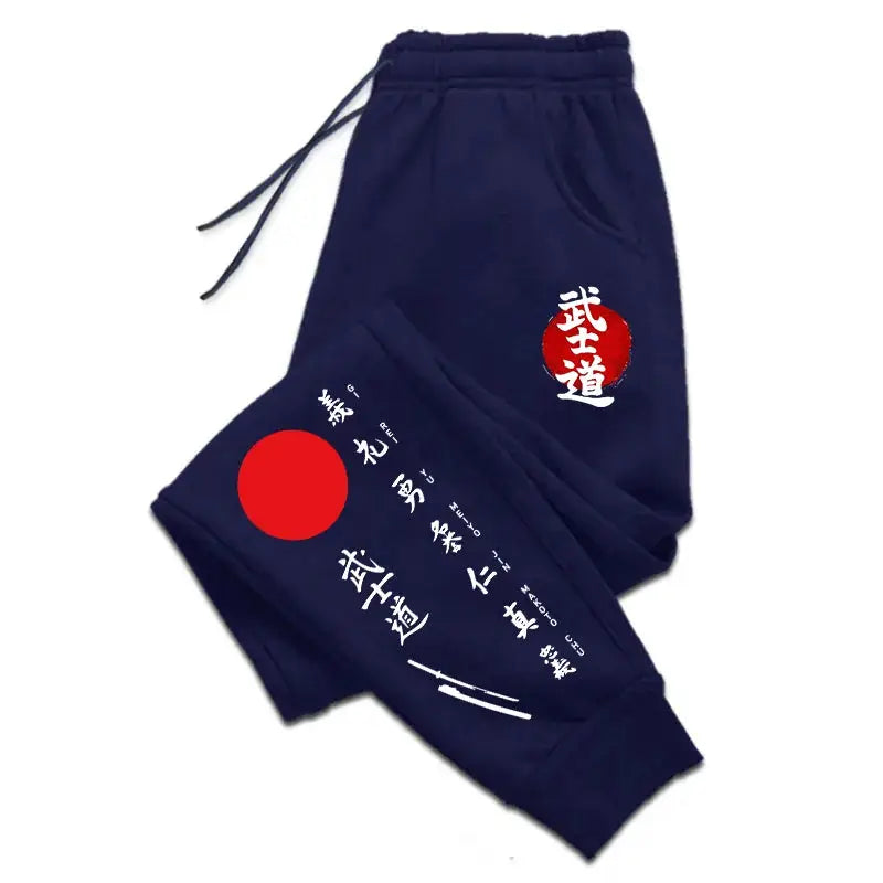 Men's navy Bushido printed sweatpants by Simples Market with white kanji graphics and red circle emblem