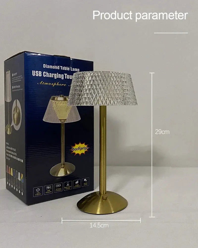 Simples Market rechargeable LED night light lamp with glass diamond shade on a brass gold base, 29 cm tall.
