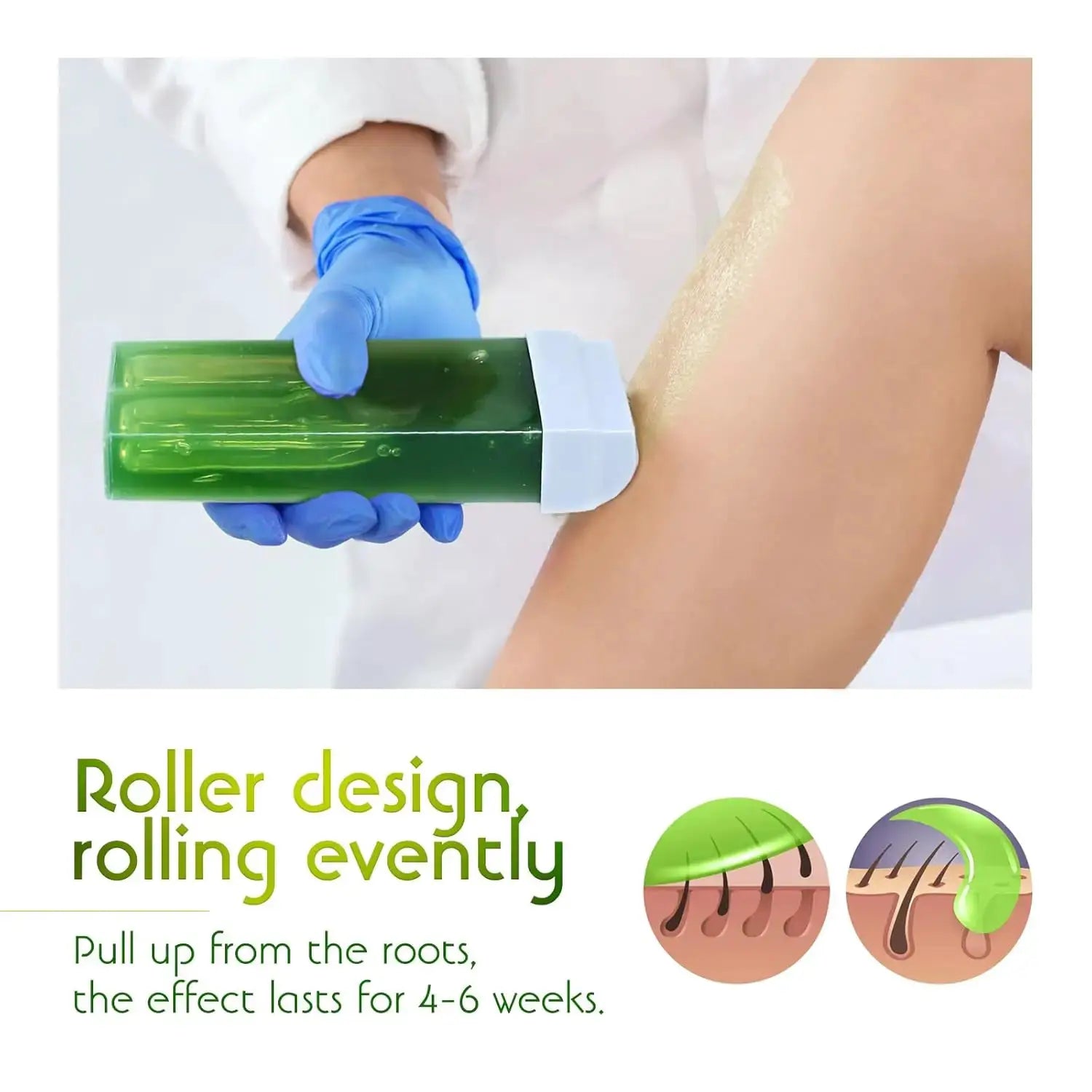 Roll-on wax refill cartridge in green being applied to skin by gloved hand for painless hair removal.