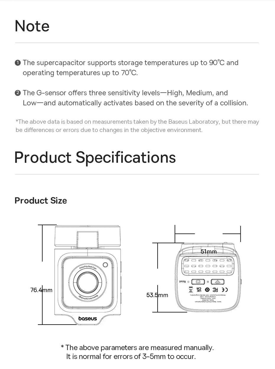 Baseus 3K Dash Cam VD1 front and rear sizing diagram showing 76.4mm height and 51mm width