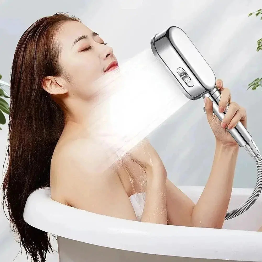 High-pressure shower head with 3 modes and massage spray, silver finish with hose