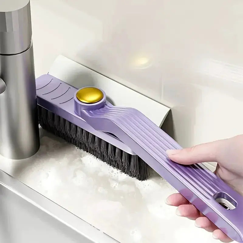 4-in-1 360° rotating hard-bristle scrub brush by Simples Market in purple with clip scraper for bathroom and kitchen floors