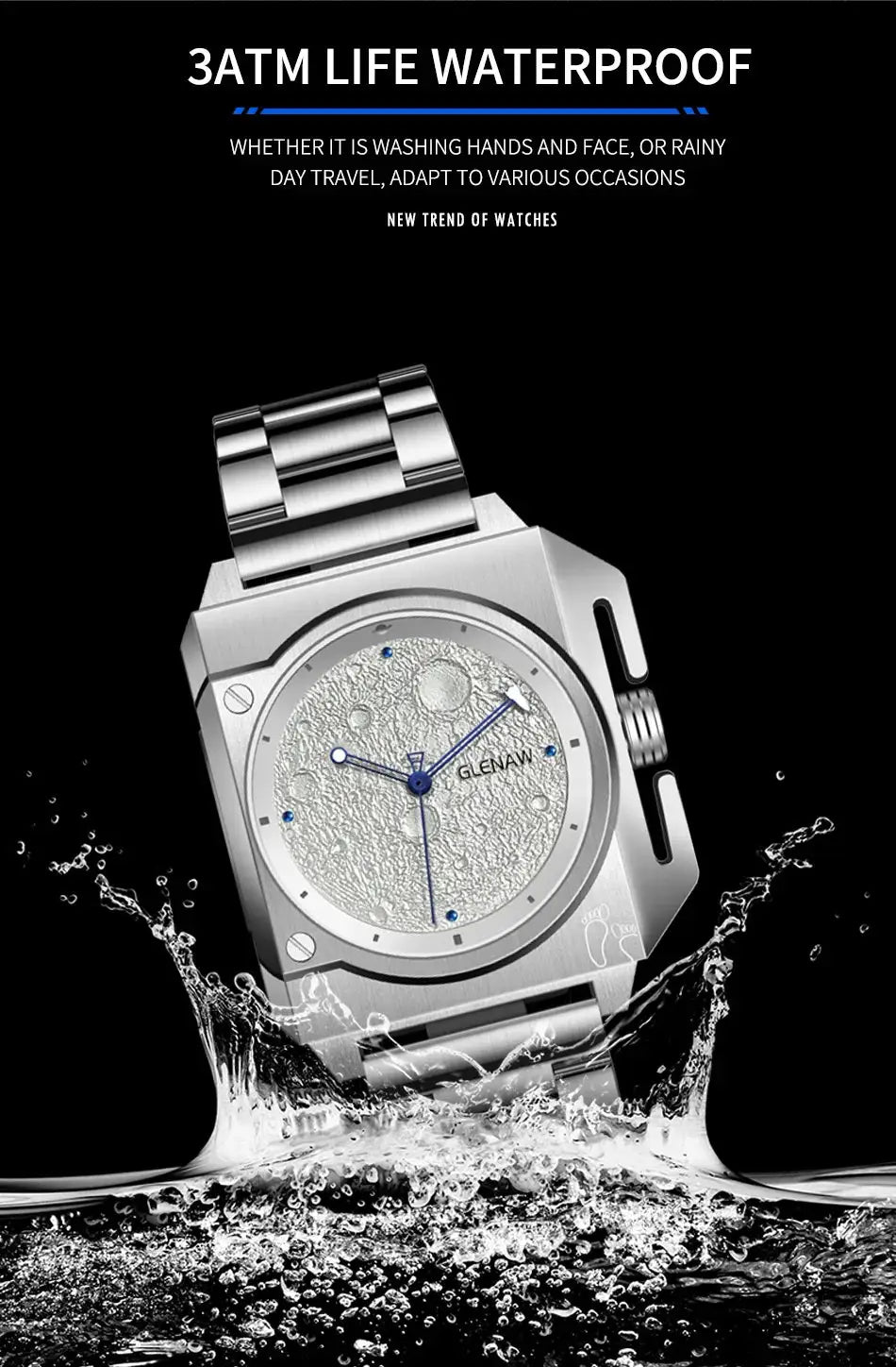 GLENAV stainless steel mechanical men's watch with moon dial and blue luminous hands