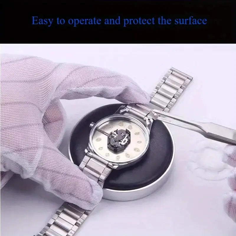 8pc watch cleaning kit with rubber dust air blower and tools; Simples Market stainless steel wristwatch being cleaned