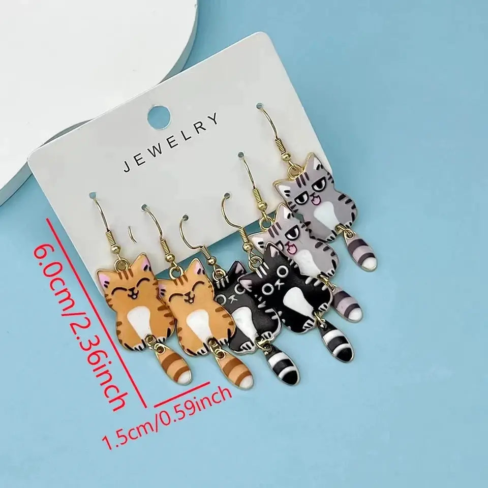 Three Pairs Colorful Cat Ear Dangle Earrings Set Enamel Alloy Hanging Tail Jewelry Cute Gift for Women and Girls