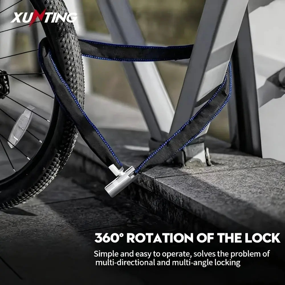 XUNTING heavy-duty bike chain lock with blue-stitched nylon sleeve, anti-theft steel chain, 360° rotating lock