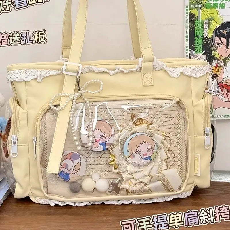 Ballet Girl Itabag by Simples Market in pastel yellow, crossbody bag with lace trim and clear pocket with cute art.