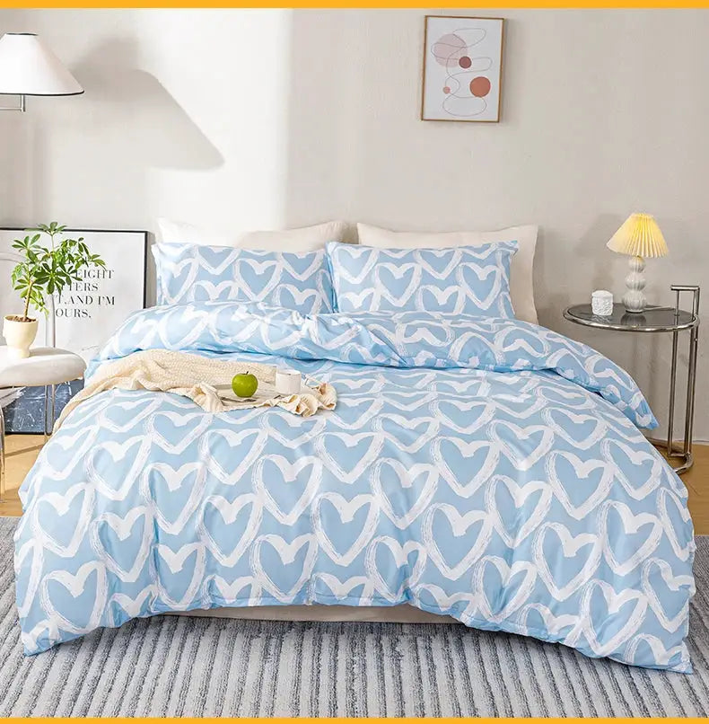 Duvet cover set with blue and gray heart print; 3-piece includes 1 duvet cover and 2 pillowcases; soft skin-friendly bedding