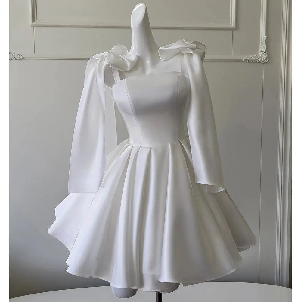 White Satin Bow A Line Knee Length Cocktail Dress Spaghetti Straps