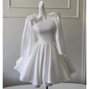 White Satin Bow A Line Knee Length Cocktail Dress Spaghetti Straps