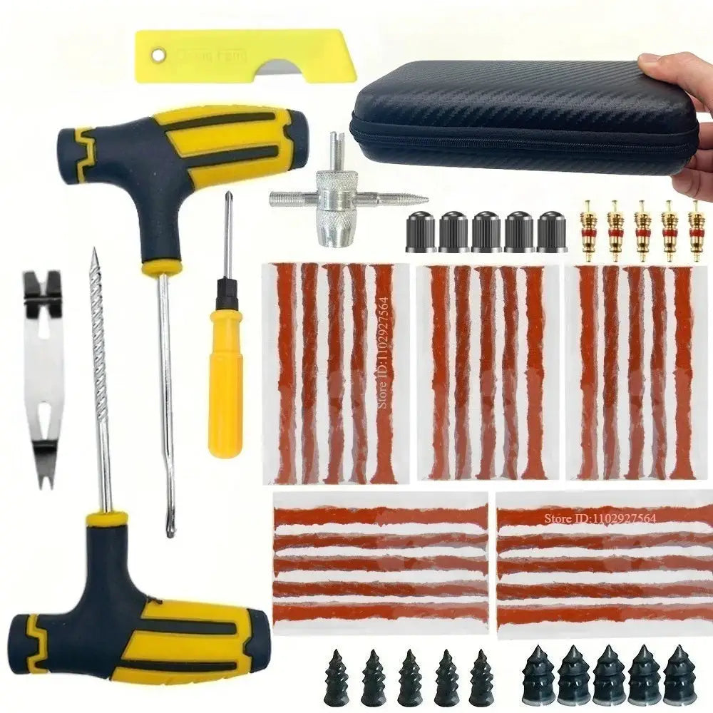 Car tire repair kit Simples Market with yellow and black handle tools, glue strips and case