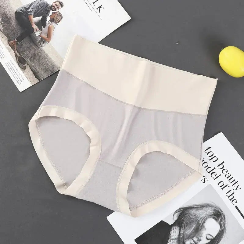 Women's high-waisted panties in cream with light gray mesh panels, modal fabric