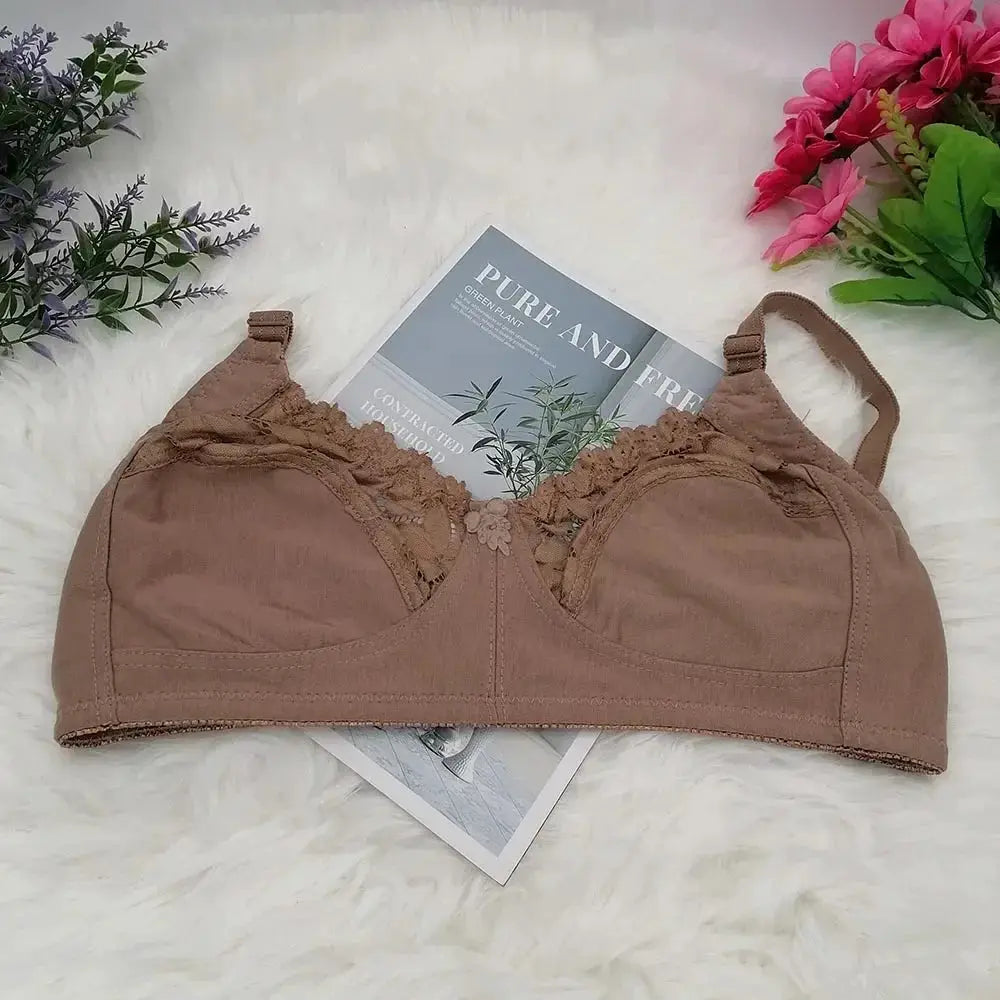 Wire-free bra with lace-trim cups in taupe, adjustable straps