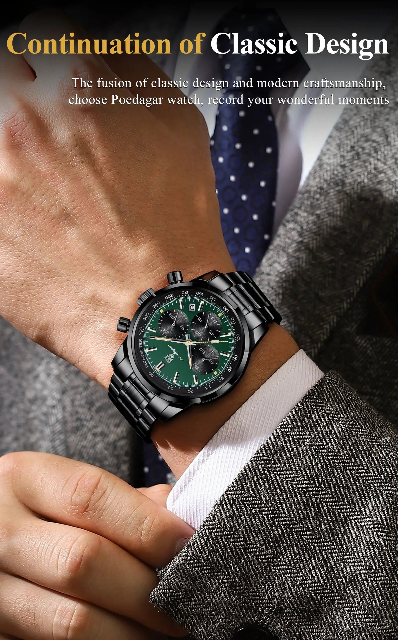 POEDAGAR stainless steel men's luxury chronograph watch waterproof with green dial on black bracelet