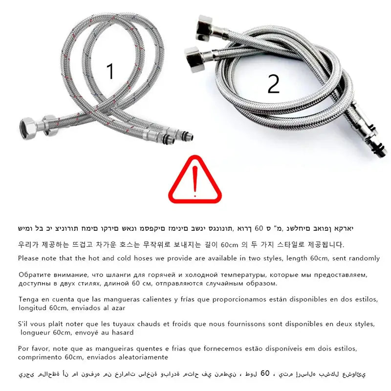 Two stainless-steel braided basin faucet supply hoses with connectors and a warning triangle.