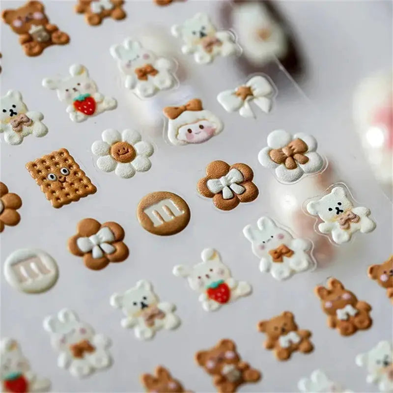 Simples Market 1pc 5D kawaii jelly nail art stickers with bears, flowers, bows and cookies in white and brown