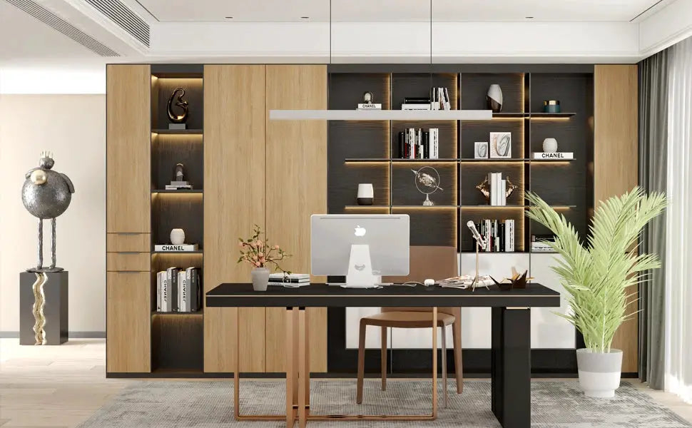 55cm wide self-adhesive wood grain vinyl wallpaper in a modern home office with built-in shelving and a desk