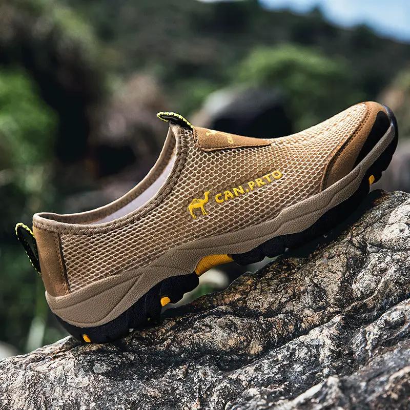Men's tan mesh outdoor slip-on sneaker with breathable upper and rugged sole, CAN.PTO branding