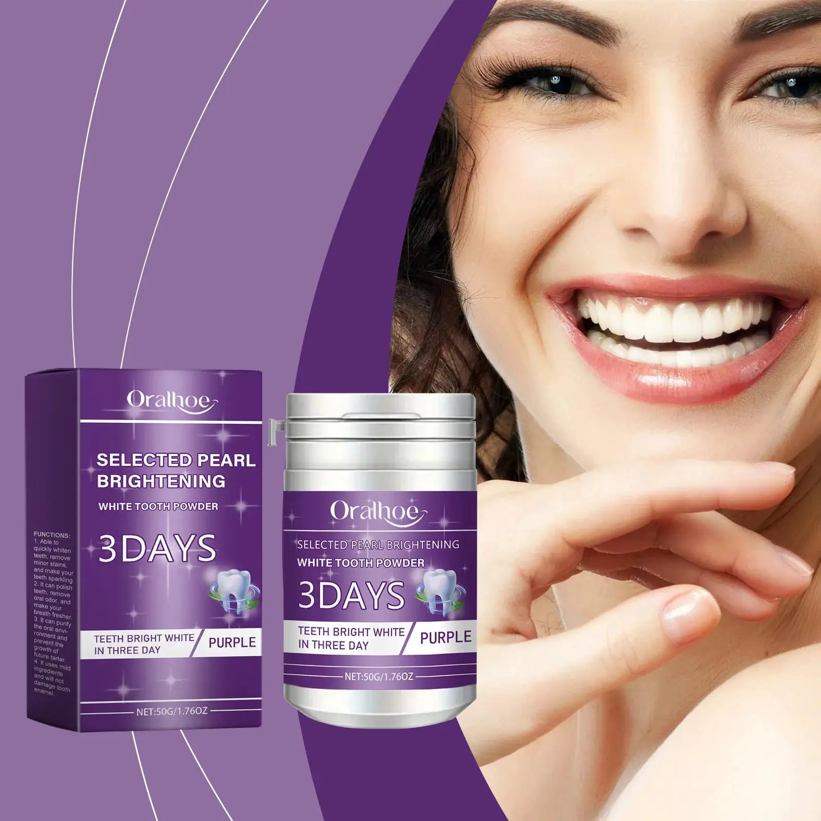 Oralhoe purple tooth whitening powder set with jar and box, 3 DAYS teeth brightening.