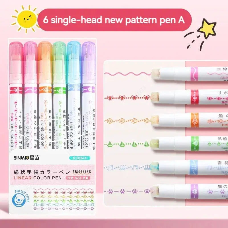 6Pcs Set Flower Line Shape Roller Tip Highlighter Pens Curve Liner Marker Kawaii Korean Stationery School Office Gifts
