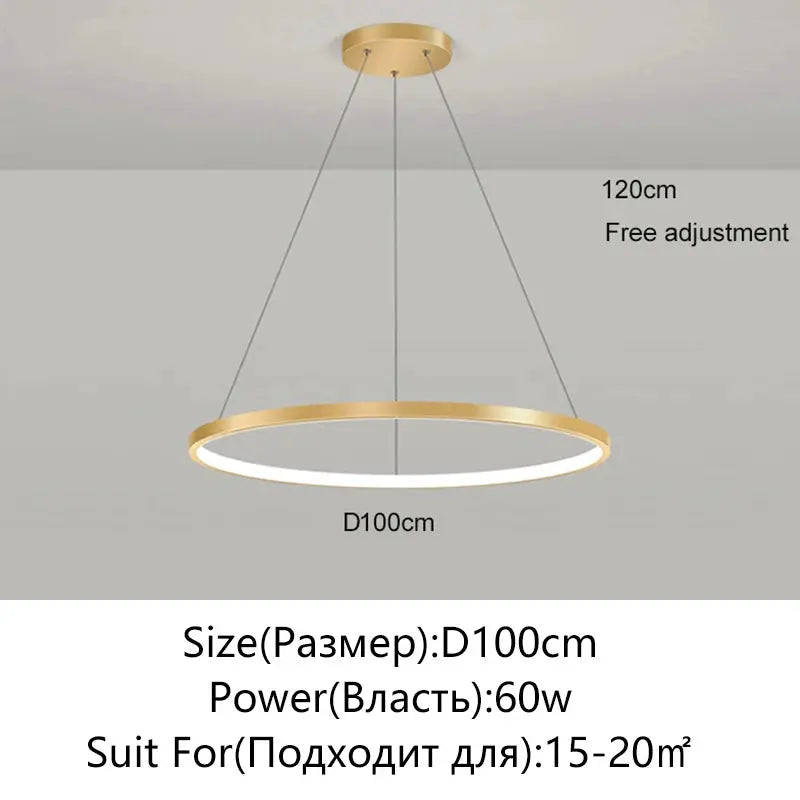 Modern round LED pendant light by Simples Market, gold ring with white illuminated inner ring.