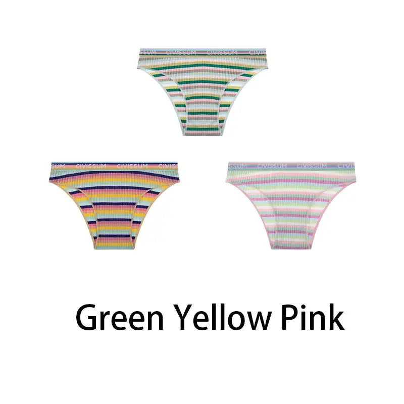 3-pack women's cotton half-hip panties with rainbow stripes in green, yellow, and pink; Simples Market.
