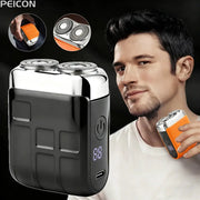 PEICON electric shaver and orange mini trimmer with dual rotary blades; rechargeable base