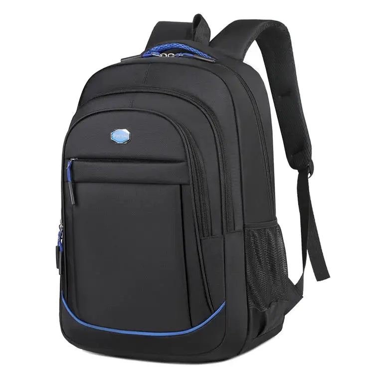 Backpack by Simples Market; black, large-capacity with blue zipper accents and multiple compartments